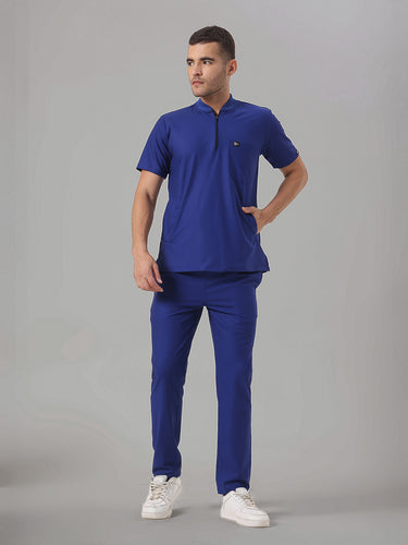 Stretchable (4Way) Royal Blue Men Flex Zip Neckline Top With Straight Pants