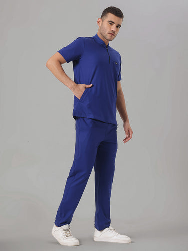 Stretchable (4Way) Royal Blue Men Flex Zip Neckline Top With Straight Pants