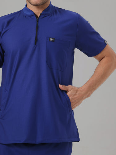 Stretchable (4Way) Royal Blue Men Flex Zip Neckline Top With Straight Pants
