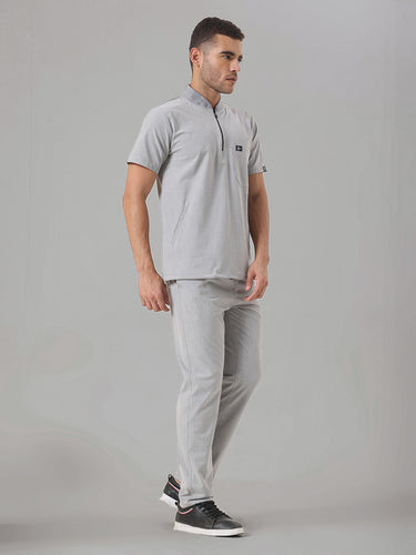 Stretchable (4Way) Light Grey Men Flex Zip Neckline Top With Straight Pants