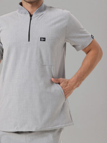 Stretchable (4Way) Light Grey Men Flex Zip Neckline Top With Straight Pants