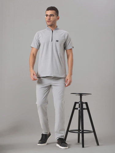 Stretchable (4Way) Light Grey Men Flex Zip Neckline Top With Straight Pants