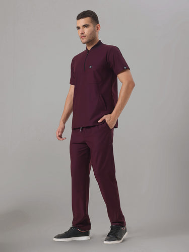 Stretchable (4Way) Wine Men Flex Zip Neckline Top With Straight Pants