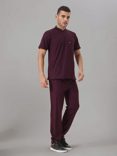 Stretchable (4Way) Wine Men Flex Zip Neckline Top With Straight Pants