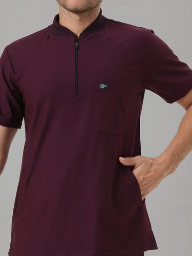 Stretchable (4Way) Wine Men Flex Zip Neckline Top With Straight Pants