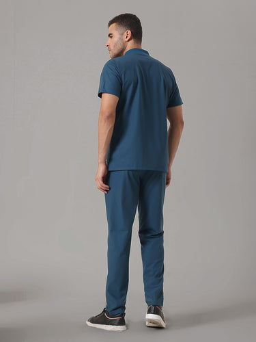 Stretchable (4Way) Peacock Blue Men Flex Zip Neckline Top With Straight Pants