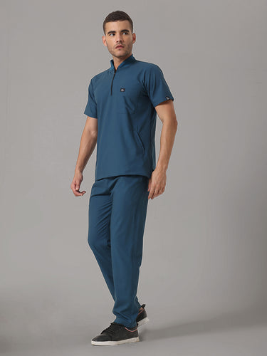 Stretchable (4Way) Peacock Blue Men Flex Zip Neckline Top With Straight Pants