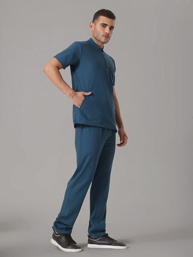 Stretchable (4Way) Peacock Blue Men Flex Zip Neckline Top With Straight Pants