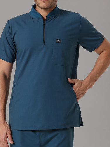 Stretchable (4Way) Peacock Blue Men Flex Zip Neckline Top With Straight Pants