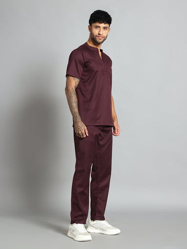 Stretchable (2Way) Men Wine Mandarin Neck With Straight Pant Scrub Set