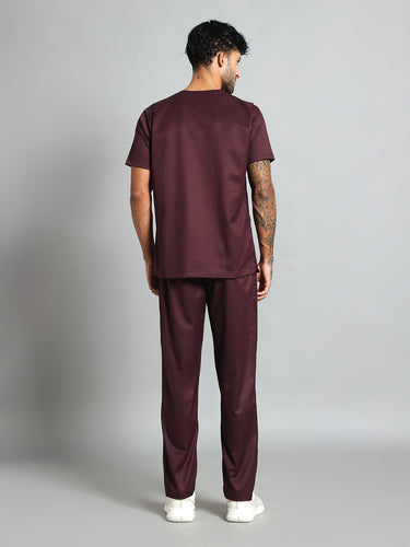 Stretchable (2Way) Men Wine V-Neck With Straight Pant Scrub Set