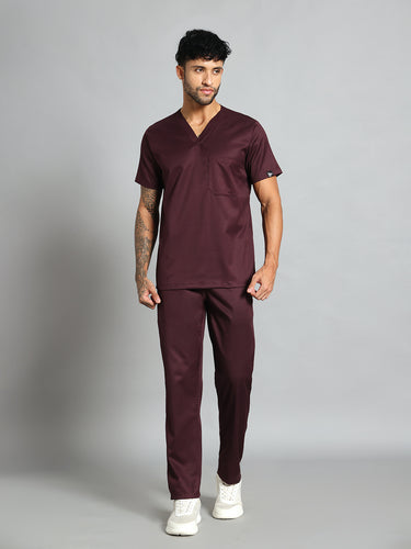 Stretchable (4Way) Men Wine V-Neck Scrub Top