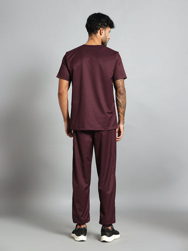 Stretchable (2Way) Men Wine V-Neck With Jogger Scrub Set