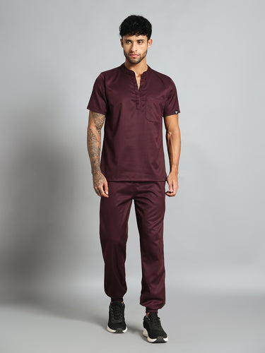 Stretchable (2Way) Men Wine Mandarin Neck With Jogger Scrub Set