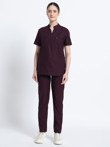 Stretchable (4Way) Female Wine Mandarin Neck With Straight Pant Scrub Set