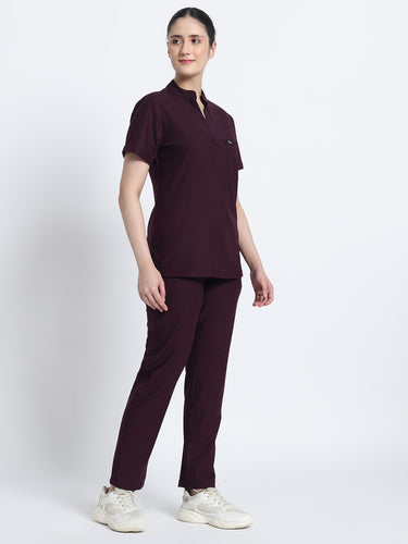 Stretchable (4Way) Female Wine Mandarin Neck With Straight Pant Scrub Set