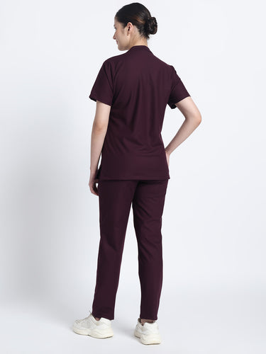 Stretchable (4Way) Female Wine Mandarin Neck With Straight Pant Scrub Set