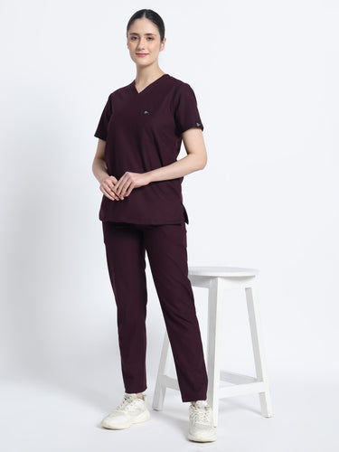 Stretchable (4Way) Female Wine Mandarin Neck With Straight Pant Scrub Set
