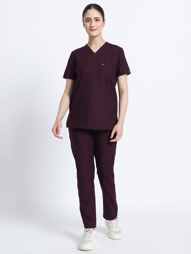 Stretchable (4Way) Female Wine V-Neck With Straight Pant Scrub Set