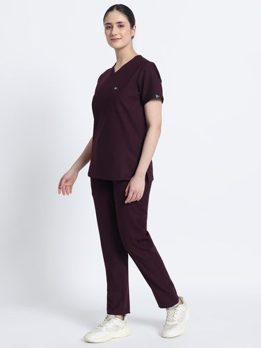 Stretchable (4Way) Female Wine V-Neck With Straight Pant Scrub Set