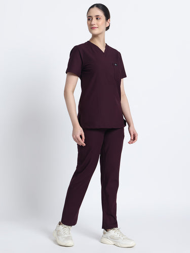 Stretchable (4Way) Female Wine V-Neck With Straight Pant Scrub Set