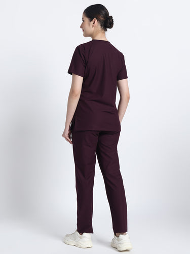 Stretchable (4Way) Female Wine V-Neck With Straight Pant Scrub Set