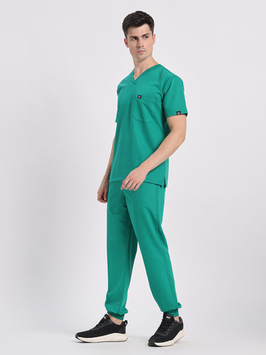 Stretchable (4Way) Male Sea Green V-Neck With Jogger Scrub Set