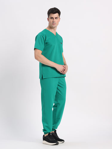 Stretchable (4Way) Male Sea Green V-Neck With Jogger Scrub Set
