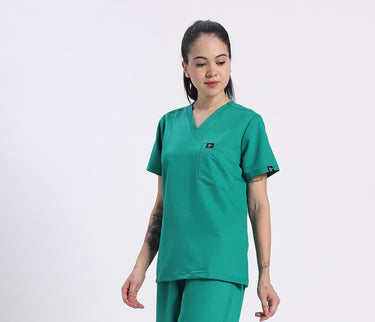 Stretchable (4Way) Female Sea Green V-Neck Scrub Top