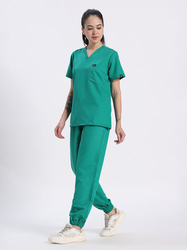 Stretchable (4Way) Female Sea Green V-Neck With Jogger Scrub Set