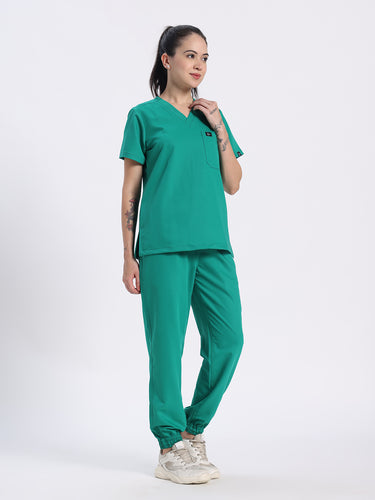 Stretchable (4Way) Female Sea Green V-Neck With Jogger Scrub Set