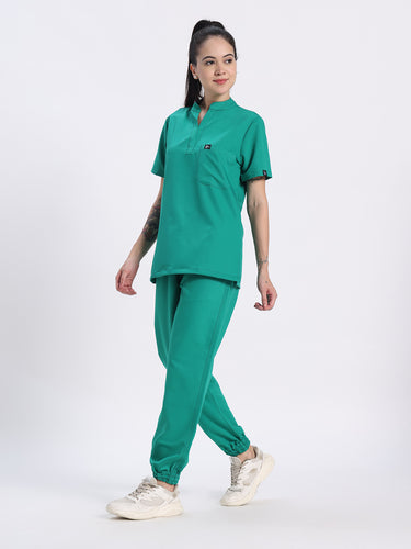 Stretchable (4Way) Female Sea Green Mandarin Neck With Jogger Scrub Set