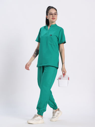 Stretchable (4Way) Female Sea Green Mandarin Neck With Jogger Scrub Set
