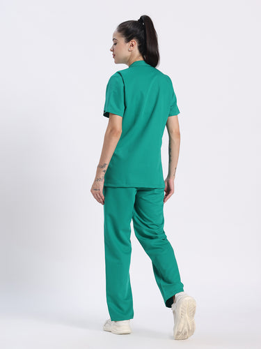 Stretchable (4Way) Female Sea Green Mandarin Neck With Straight Pant Set