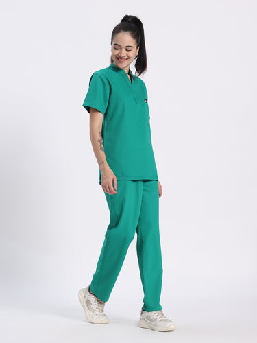 Stretchable (4Way) Female Sea Green Mandarin Neck With Straight Pant Set