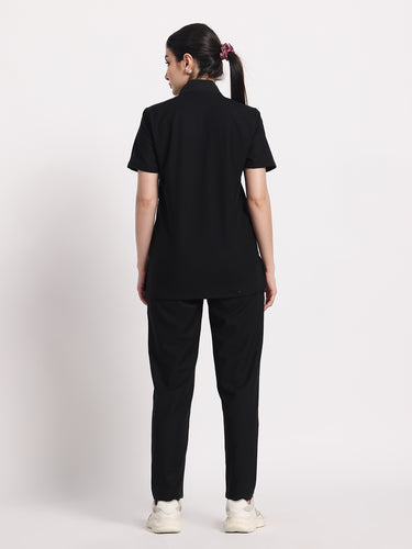 Stretchable (4Way) Black Female Flex Zip Neckline Top With Straight Pants