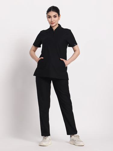 Stretchable (4Way) Black Female Flex Zip Neckline Top With Straight Pants