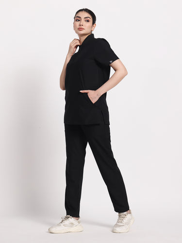 Stretchable (4Way) Black Female Flex Zip Neckline Top With Straight Pants