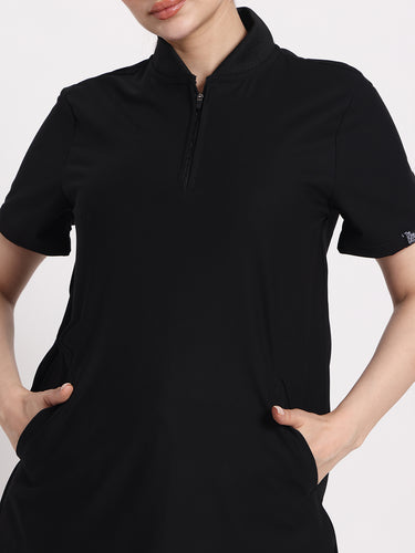 Stretchable (4Way) Black Female Flex Zip Neckline Top With Straight Pants