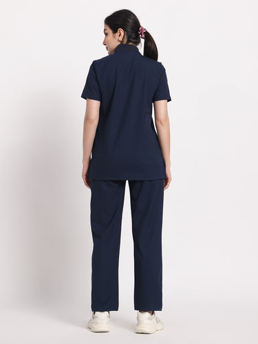 Stretchable (4Way) Navy Blue Female Flex Zip Neckline Top With Straight Pants
