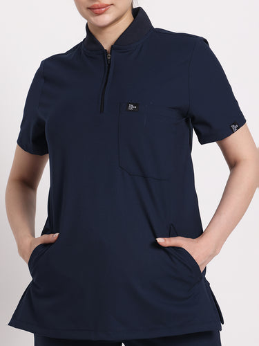 Stretchable (4Way) Navy Blue Female Flex Zip Neckline Top With Straight Pants