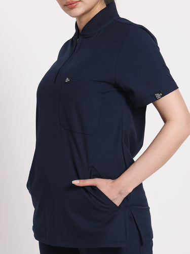 Stretchable (4Way) Navy Blue Female Flex Zip Neckline Top With Straight Pants