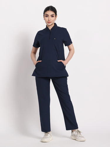 Stretchable (4Way) Navy Blue Female Flex Zip Neckline Top With Straight Pants