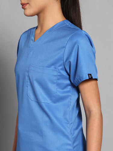 Stretchable (2Way) Female Light Blue V-Neck With Straight Pant Scrub Set