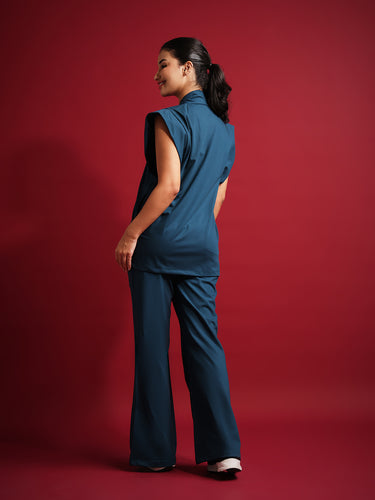 Monarch 4way Stretchable (Peacock Blue) With Flared Pant Set