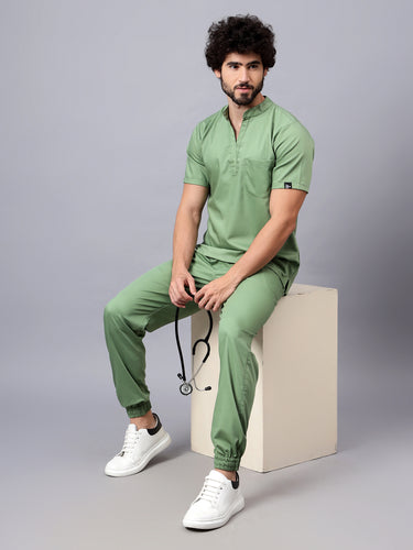 Stretchable (2Way) Male Pista Green Mandarin Neck With Jogger Scrub Set
