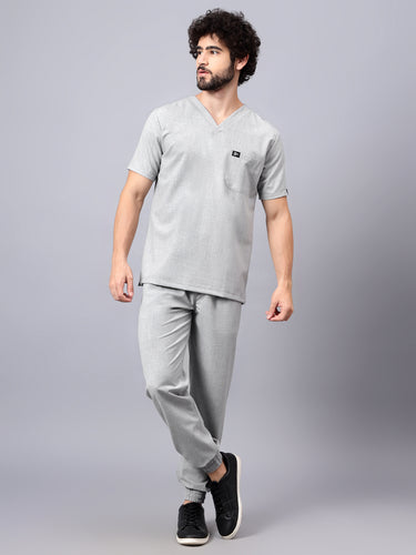 Stretchable (4Way) Male Light Grey V-Neck With Jogger Scrub Set