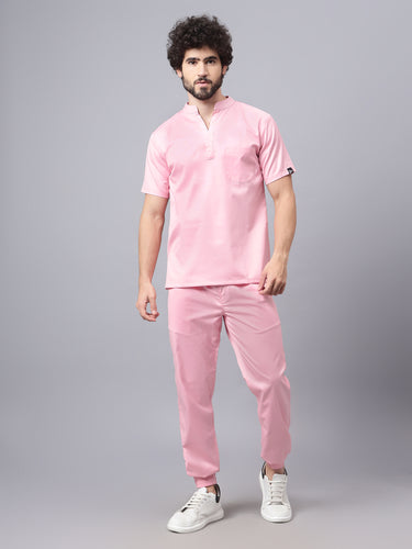 Stretchable (2Way) Male Powder Pink Mandarin Neck With Jogger Scrub Set