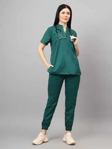 Stretchable (2Way) Female Hunter Green Mandarin Neck With Jogger Scrub Set