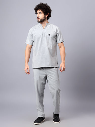 Stretchable (4Way) Male Light Grey Mandarin Neck with Straight Pant Scrub Set
